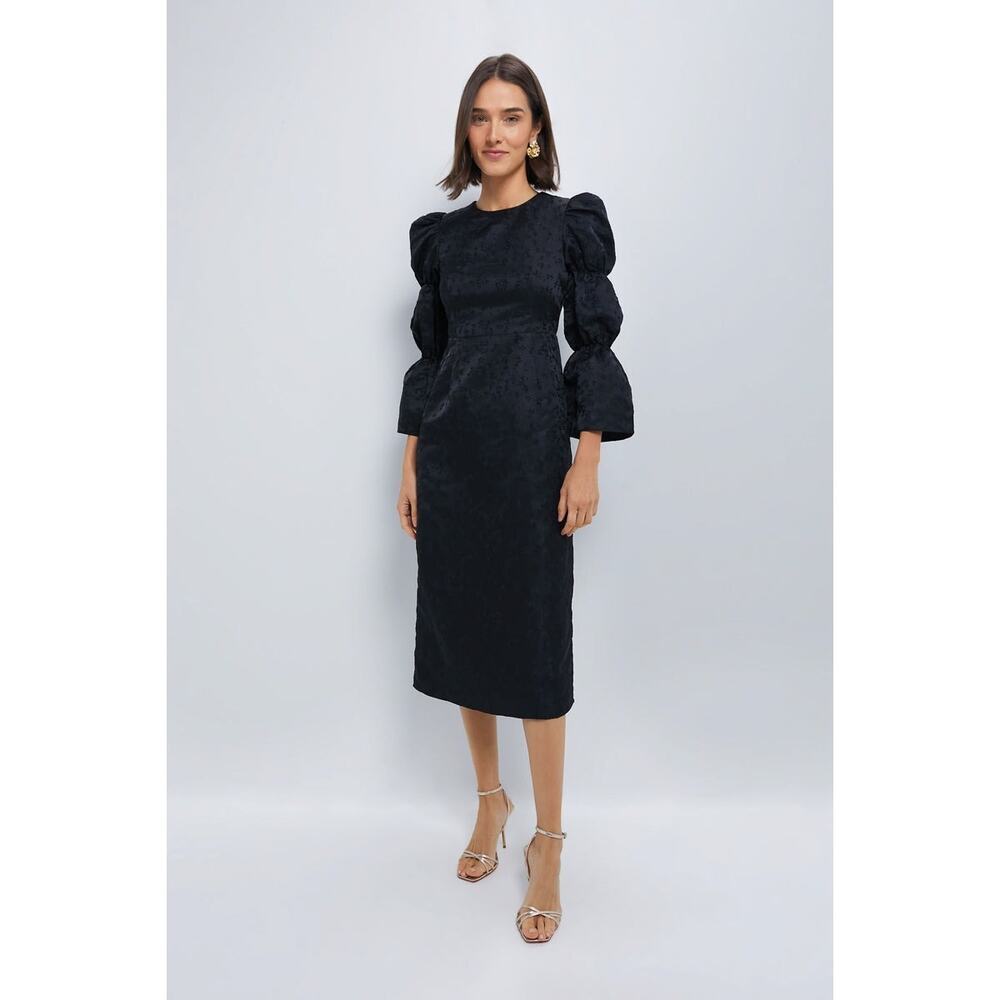 HYACINTH HOUSE Black Jacquard Puff Sleeve Midi Darcy Dress Size L NWT